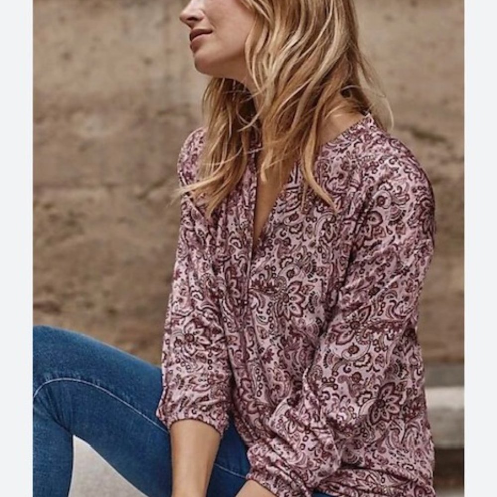 J JILL Pure Jill Pink Paisley Long Sleeve Henley Pleated Oversized Shir…